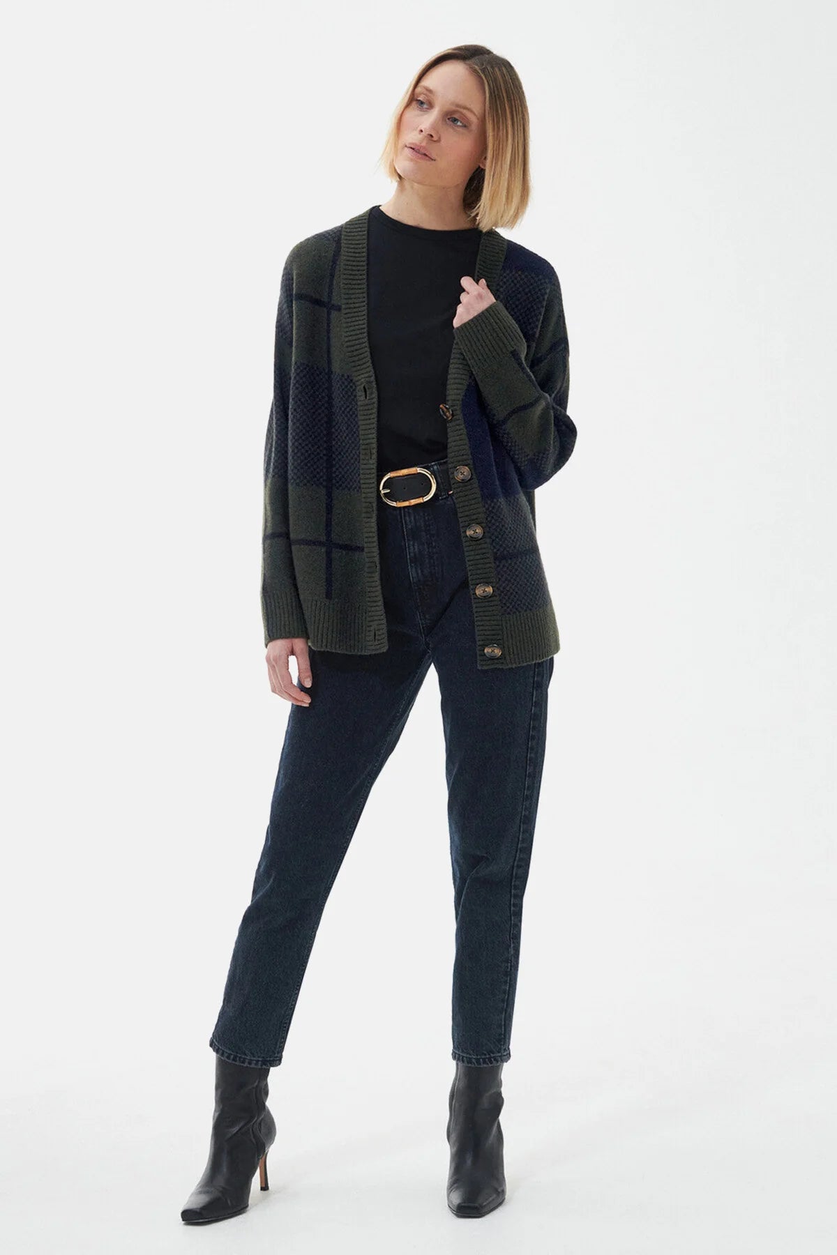 Marie Cardigan - BLACK/SAGE TARTAN