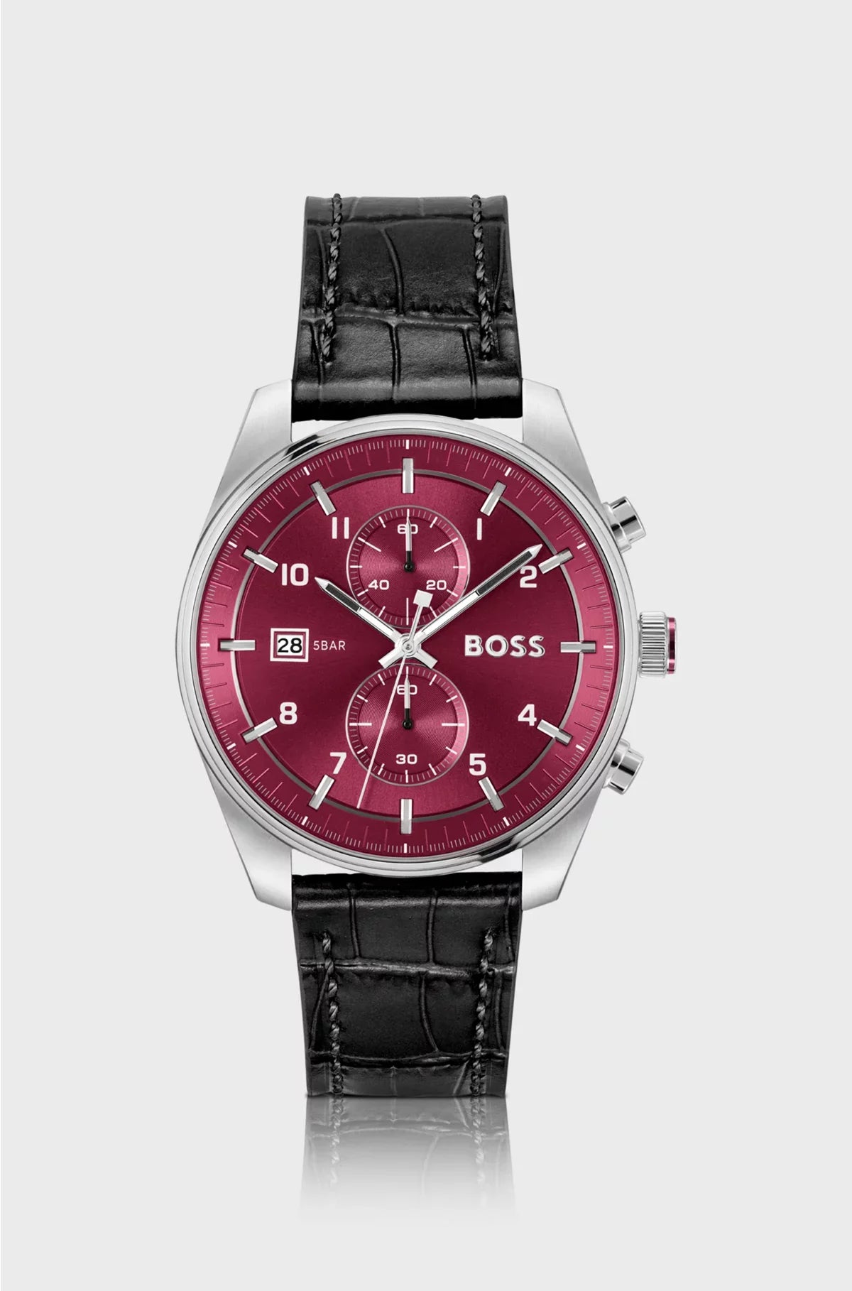 SILVER-TONE CHRONOGRAPH WATCH WITH ALLIGATOR-EMBOSSED LEATHER STRAP